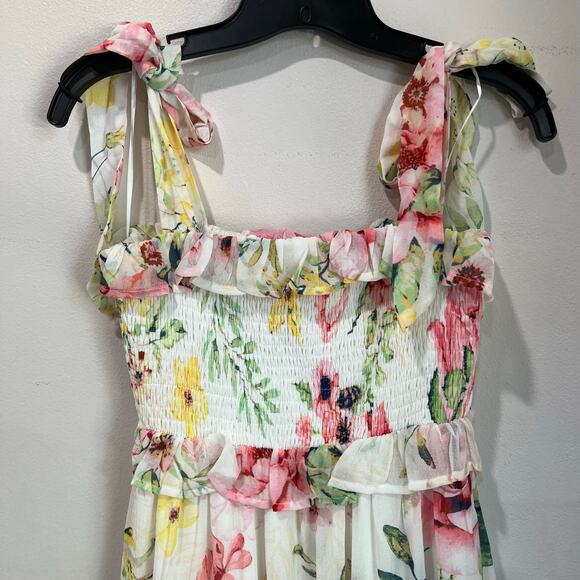 Flying Tomato Floral Maxi Dress Smocked Bodice Tie Straps Midi Sundress Sz L - Picture 4 of 10
